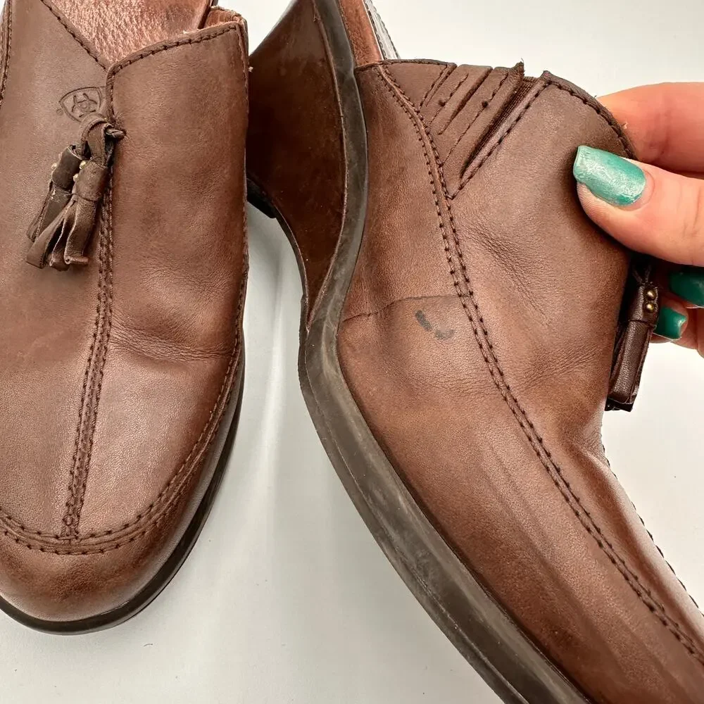 Ariat Brown Leather Tassle Slip On Mules Heels Size 9B